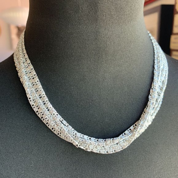 Signed Sarah Coventry Vintage Silvery Cascade Multi Strand Snail Link Necklace - Picture 1 of 5